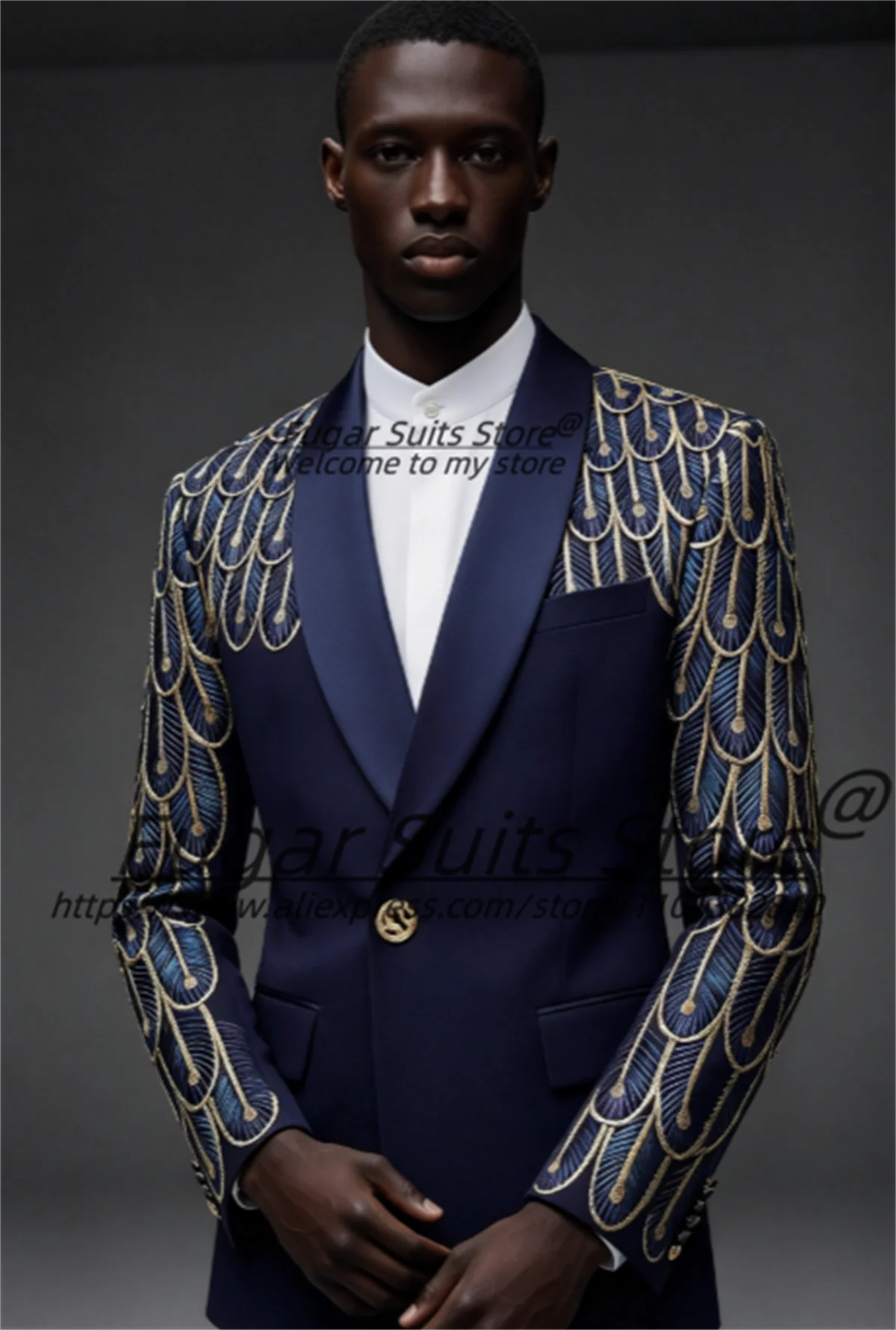 Customized Navy Blue Men Suits Shiny Gold Peacock Feather Embroidery Shawl Lapel Groom Wedding Tuxedos 2 Pieces Sets Ropa Hombre