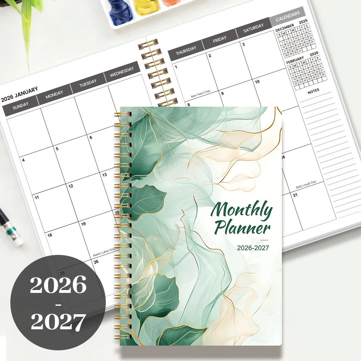 2026-2027 مخطط شهري A5، ملزمة حلزونية، غطاء ألوان مائية على شكل أوراق خضراء، منظم تقويم لمدة 24 شهرًا مع ورق سميك غير منتفخ