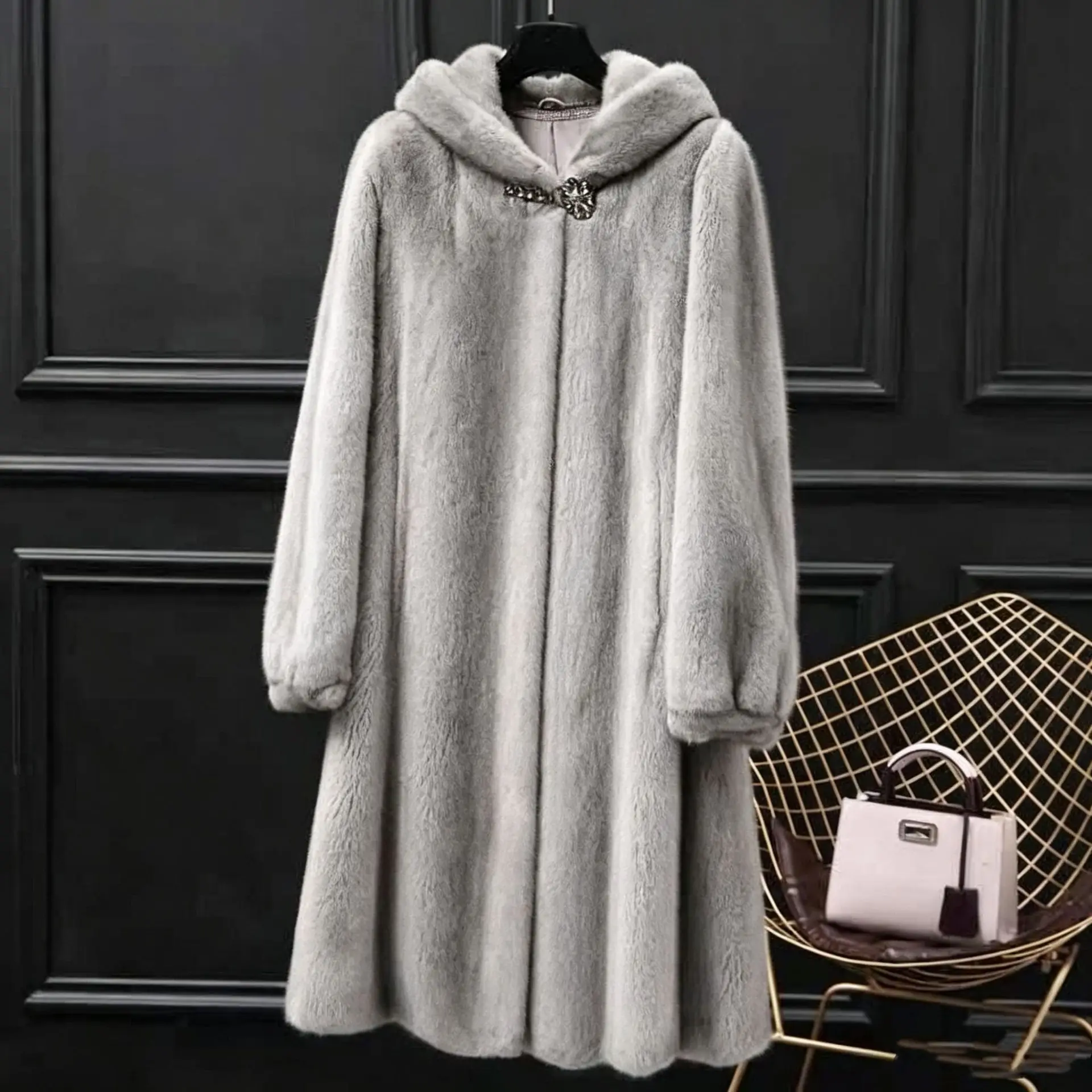 Women Faux Mink Fur Coats Solid Fur Jackets Mid Length Pocket Cotton Linen Hooded Long Sleeves Single Button 2026 Autumn Winter