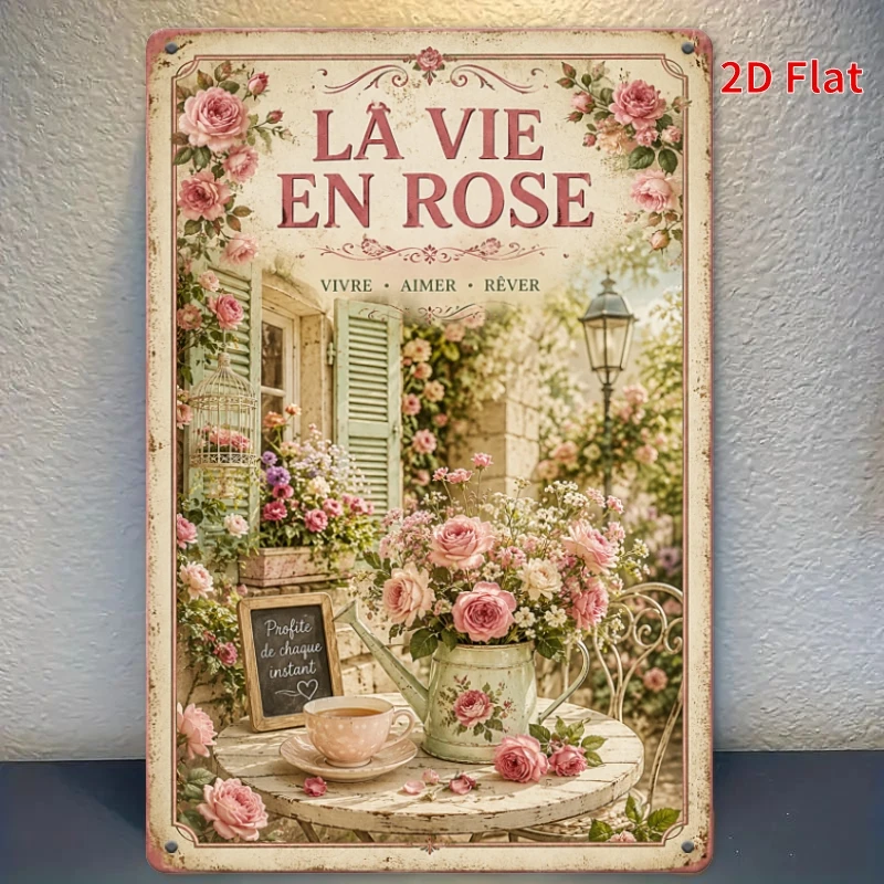2D Flat - [2Dflat], 1pc 30X20Cm French Floral Decor Tin Sign, La Vie En Rose Vintage Rose Metal Sign, Country Garden Coffee T