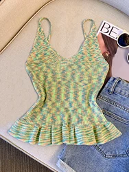 2026 Summer Women's Colorful Ruffle Hem Cami Top Casual V Neck Sleeveless Summer Shirt for Fashionable Comfort Crop Top