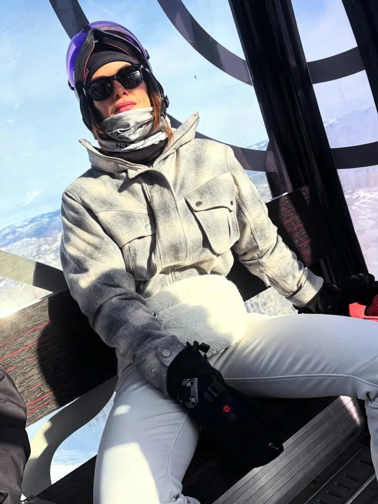 Women Plaid One Piece Ski Jumpsuit Stand Collar Pocket Design Belt Slim Fit Waterproof Windproof Warm Suit Outdoor Snow Outfit