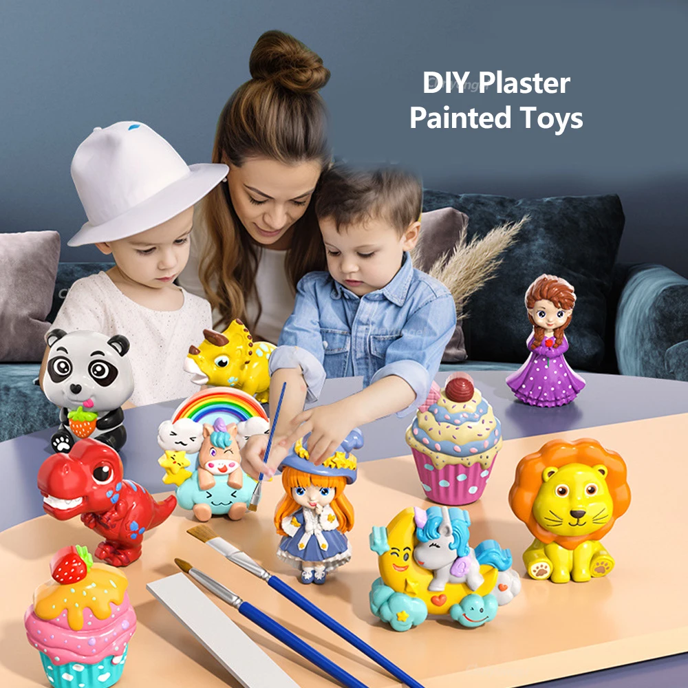 Creative Kids Diy Kit Plaster Mold and Pigment Brush Colorful Drawing Doll Dinosau Cake Creative Graffiti Handmade Painting Toys