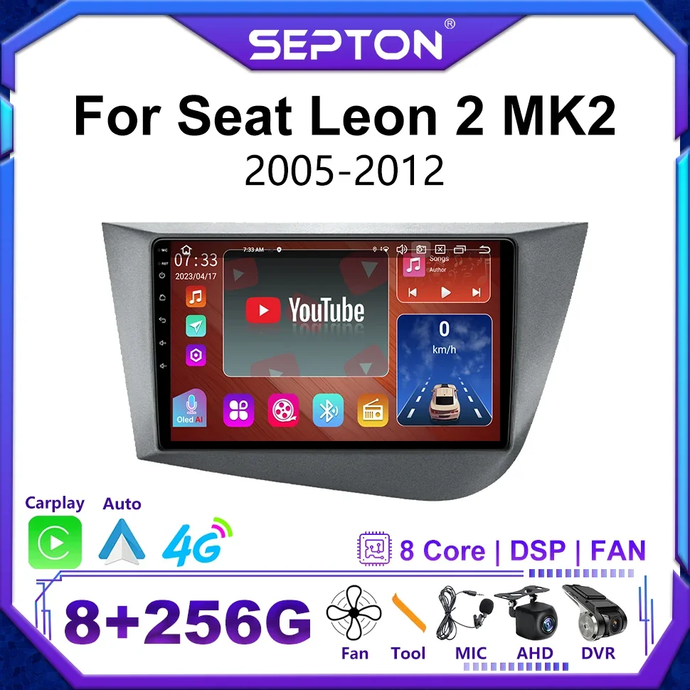 

SEPTON 9'' Android 12 Car Stereo Radio For Seat Leon 2 MK2 2005-2012 4G Auto Navigation GPS CarPlay Multimedia Vedio Player 2Din