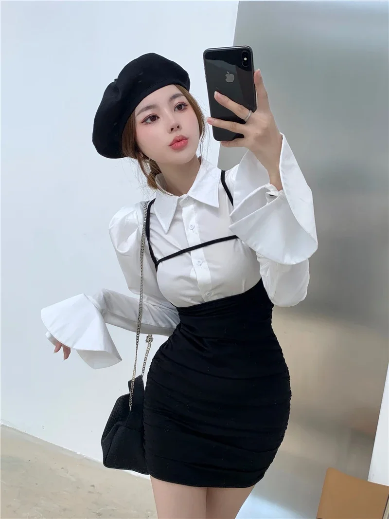 Autumn Casual Wild White Flare Sleeve Shirts Women Long  Tops Sexy Bandage Hollow Black Dress Mini Strap Hip Fashion