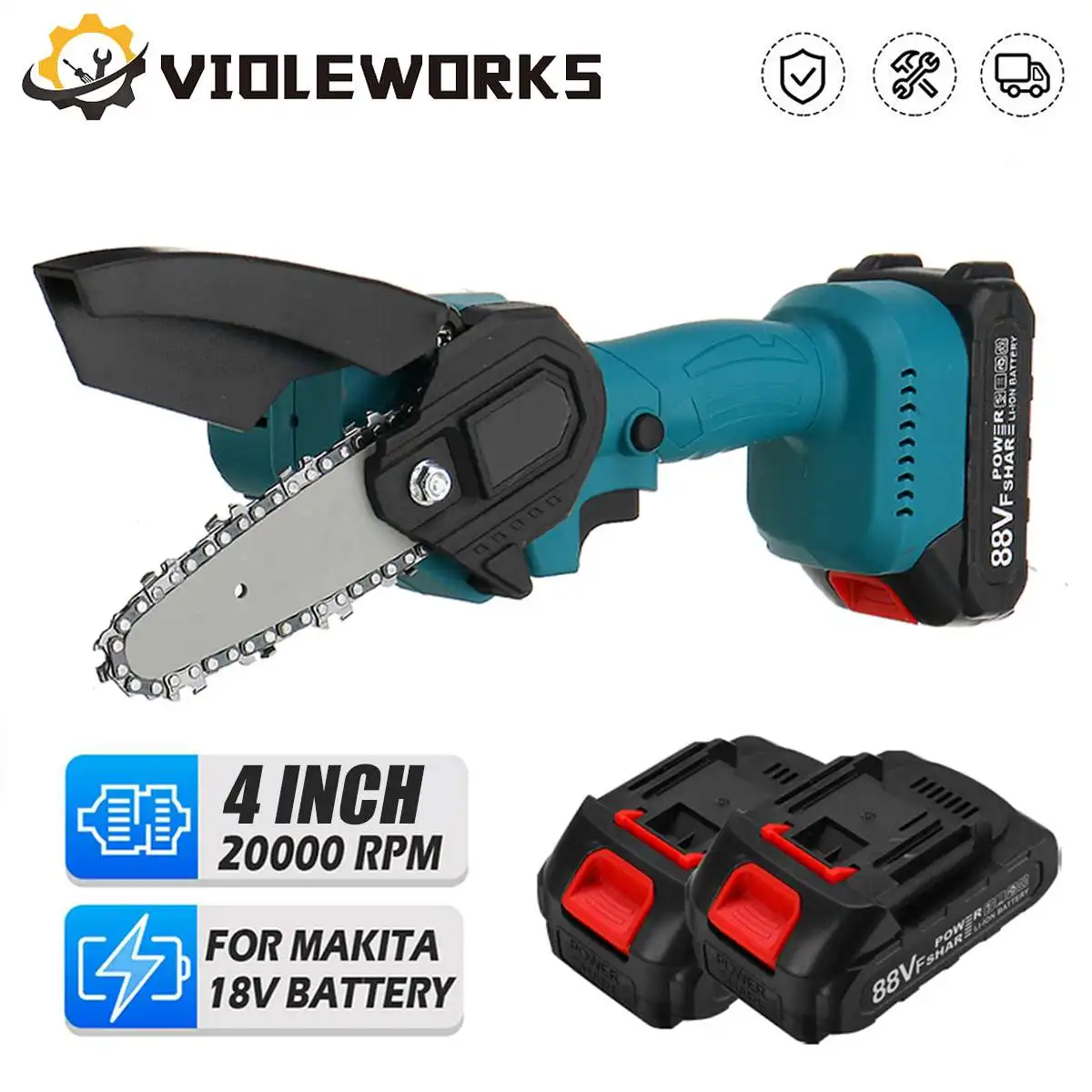 

VIOLEWORKS 1200W 4 Inch Mini Electric ChainSaw Woodworking Pruning ChainSaw One-handed Logging Power Tool For Makita 18V Battery