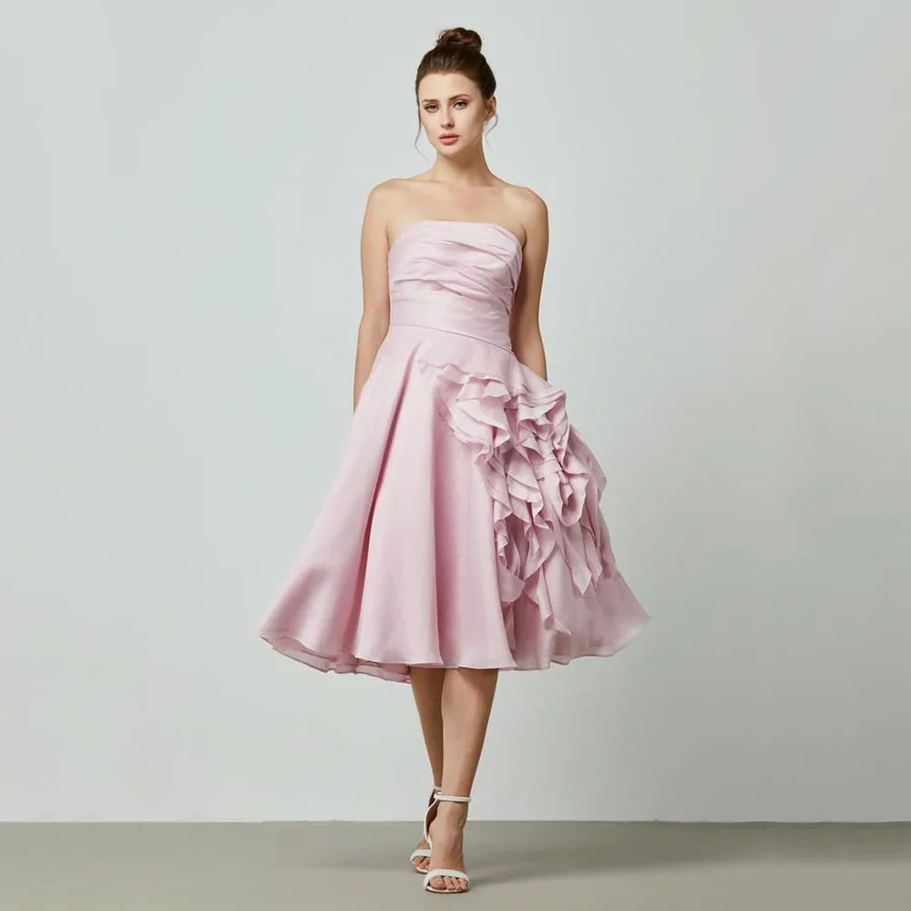 

Pink Evening Dress Midi Strapless Ruffle A Line Sleeveless Modern Cocktail Party Gowns for Women 2025 Tea Length Formal Dresses