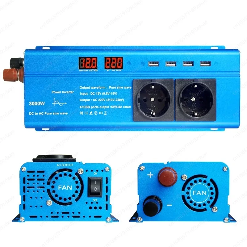 DC 12V to AC 220V Pure Sine Wave Inverter 1500W/2200W/2600W/3000W LED Voltmeter Converter Transformer EU Socket