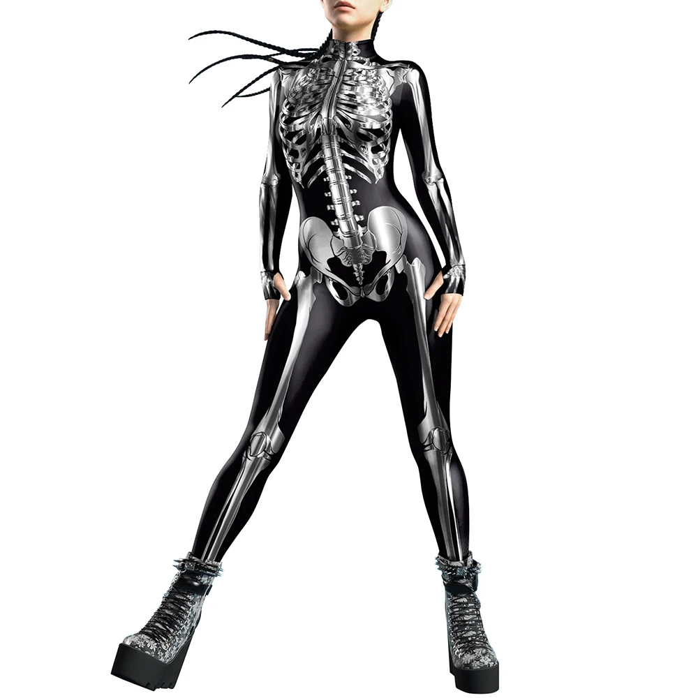 Halloween Adult Skeleton Printing Jumpsuit Catsuit for Woman Funny Disguise Oufit Cosplay Costume Holiday Party Stage Bodysuit