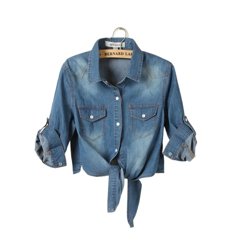 Women's Seven-quarter Sleeve Denim Crop Top Tie Shirt Cardigan