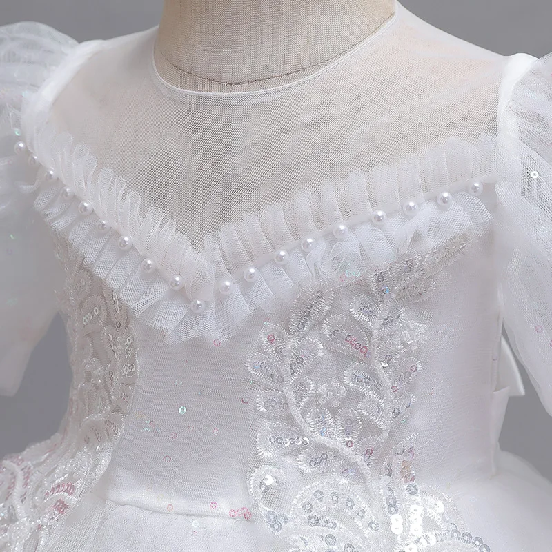 فستان سهرة بذيل سهرة للفتيات الصغيرات مع أكمام منتفخة شبكية لحفلات أعياد الميلاد فستان الأميرة للأطفال البنات