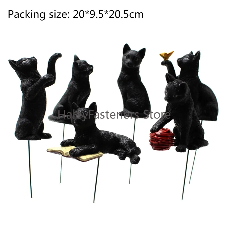 6Pcs Miniature Resin Black Cat Figurine with Glow in The Dark Luminous Eyes Garden Stake Statues Yard Halloween Decor
