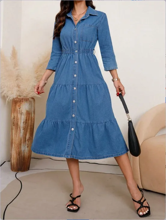 

Women's Denim Flared Collar Dress with Patchwork Design