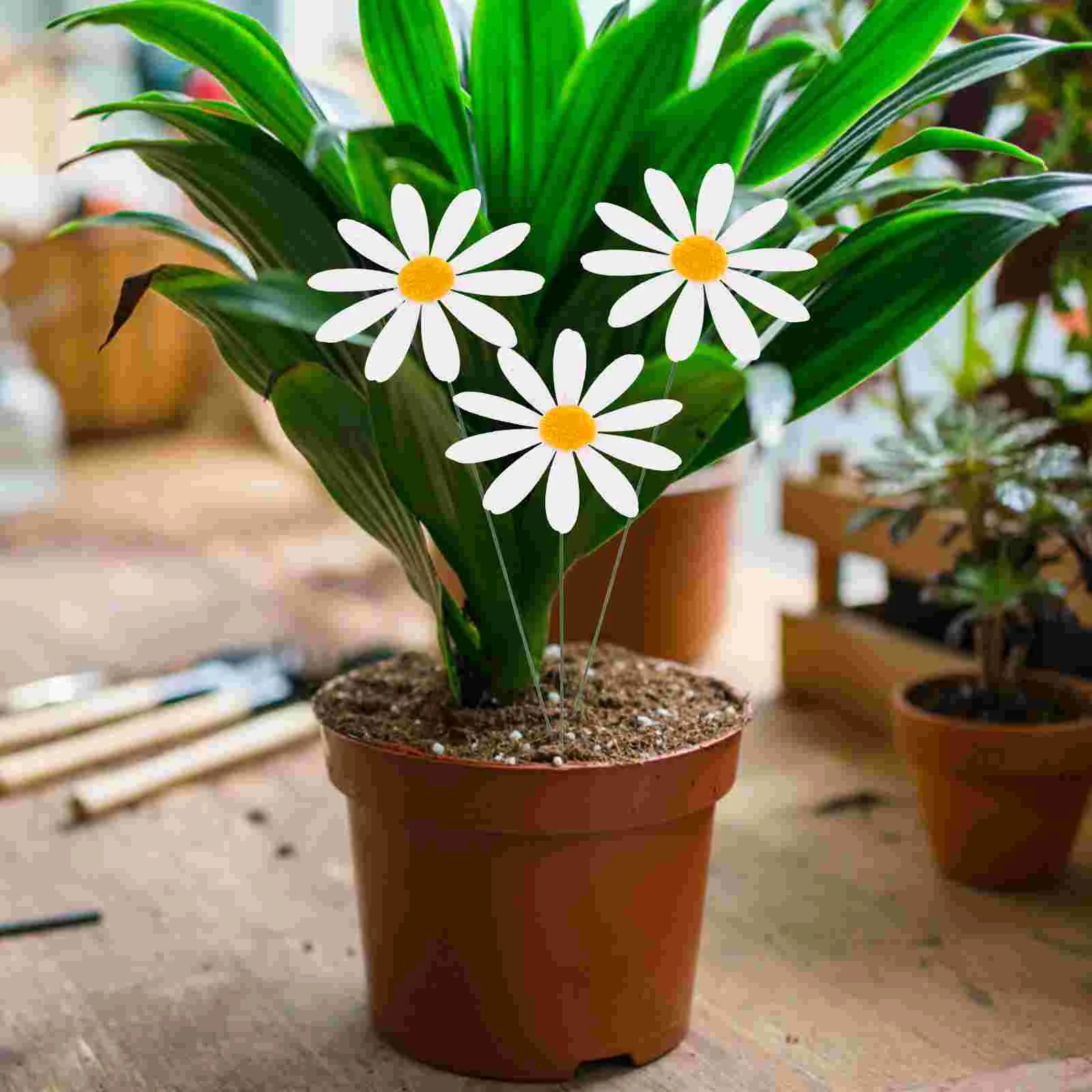 10 pçs decorações de pátio de jardim pvc simulado margarida flor haste 10 pçs estaca mini estacas decorativas