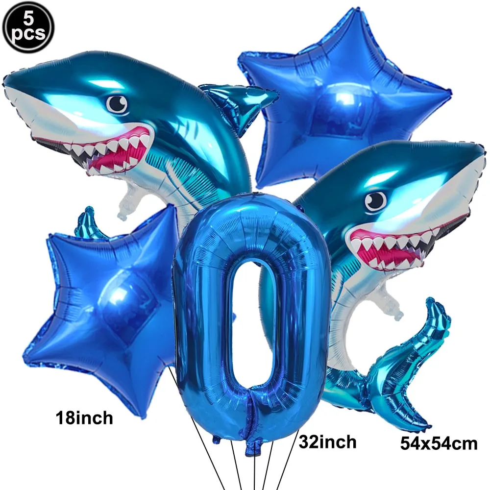 5pcs Cartoon Blue Shark Number Digital Balloons Set Boys Ocean Marine Animals Birthday Party Decor Supplies Kids Favor Gifts