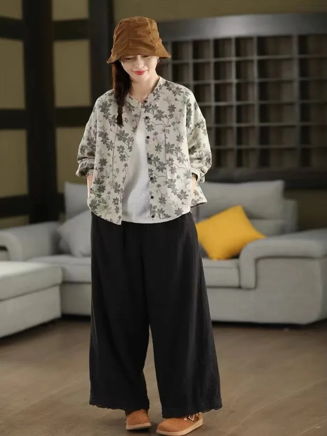 

Льняной тюнер с вышивкой в стиле ретро, женский осенний свободный длинный кардиган с цветочным принтом Sve irt, повседневный износостойкий кардиган