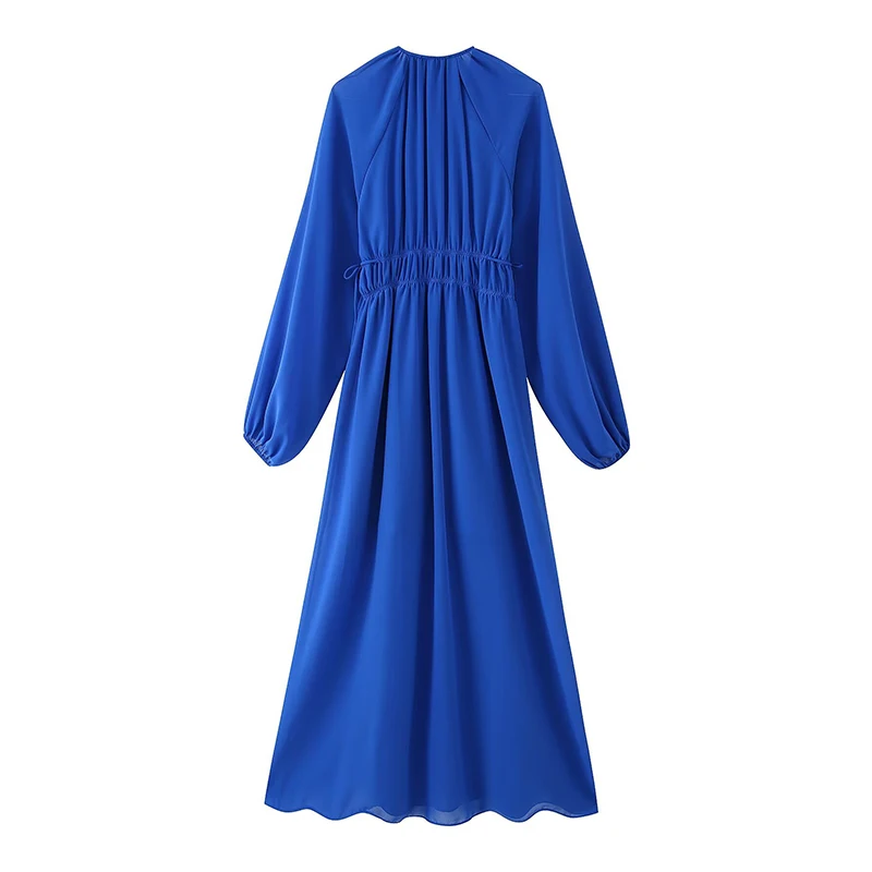 YENKYE 新しい女性ヴィンテージ弾性ウエストブルーロングドレスパフスリーブ V ネック A ラインホリデーカジュアルドレス秋マキシ Vestidos