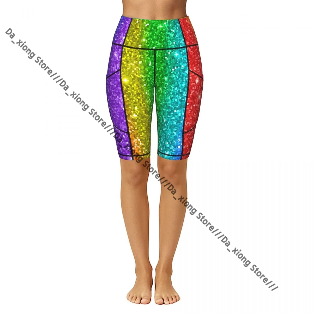 Comfortable Stretchy Yoga Shorts Rainbow Glitter Illustration Women Gym Exercise Sports Trousers