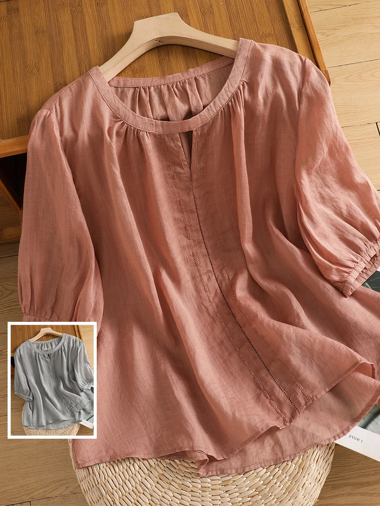 

Повседневная свободная футболка из хлопка и льна с вышивкой для женщин больших размеров, удобный дышащий круглый топ ort Sve Ne