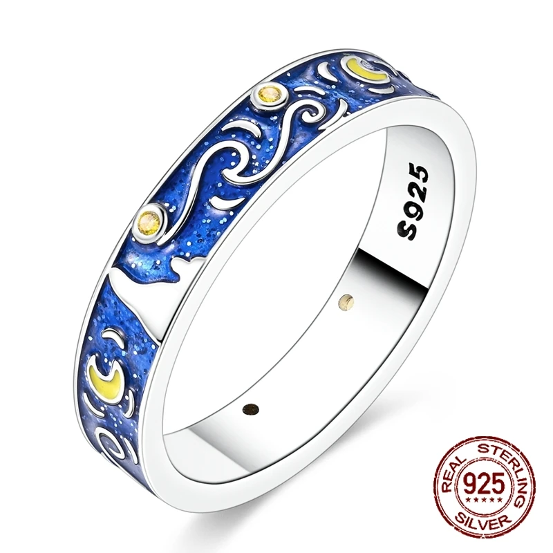 925 Sterling Silver Luminous Moon Star Ring Cubic Zirconia Fashion Jewelry Gift for Women Wedding Ring Jewelry Gift