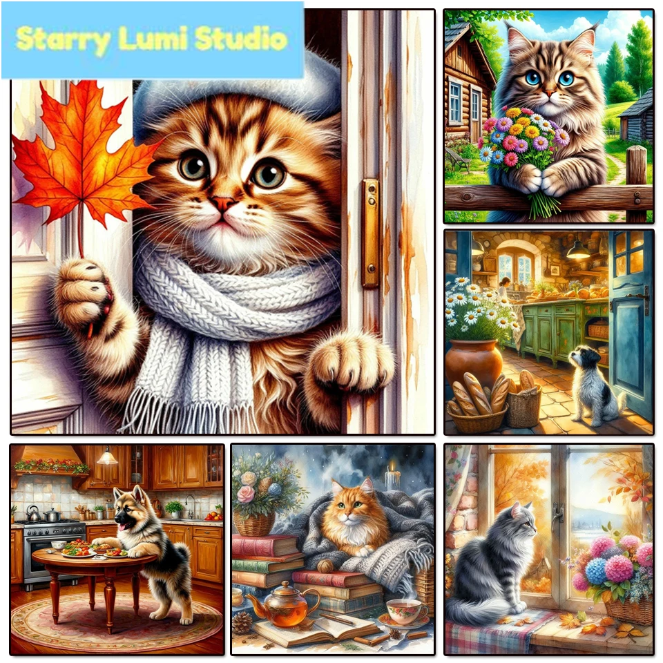 Diamond Painting New Cat Animal Full Round Diamond Mosaic Kitchen Dog Flower Book Handmade Kits Home Living Room Art Craft