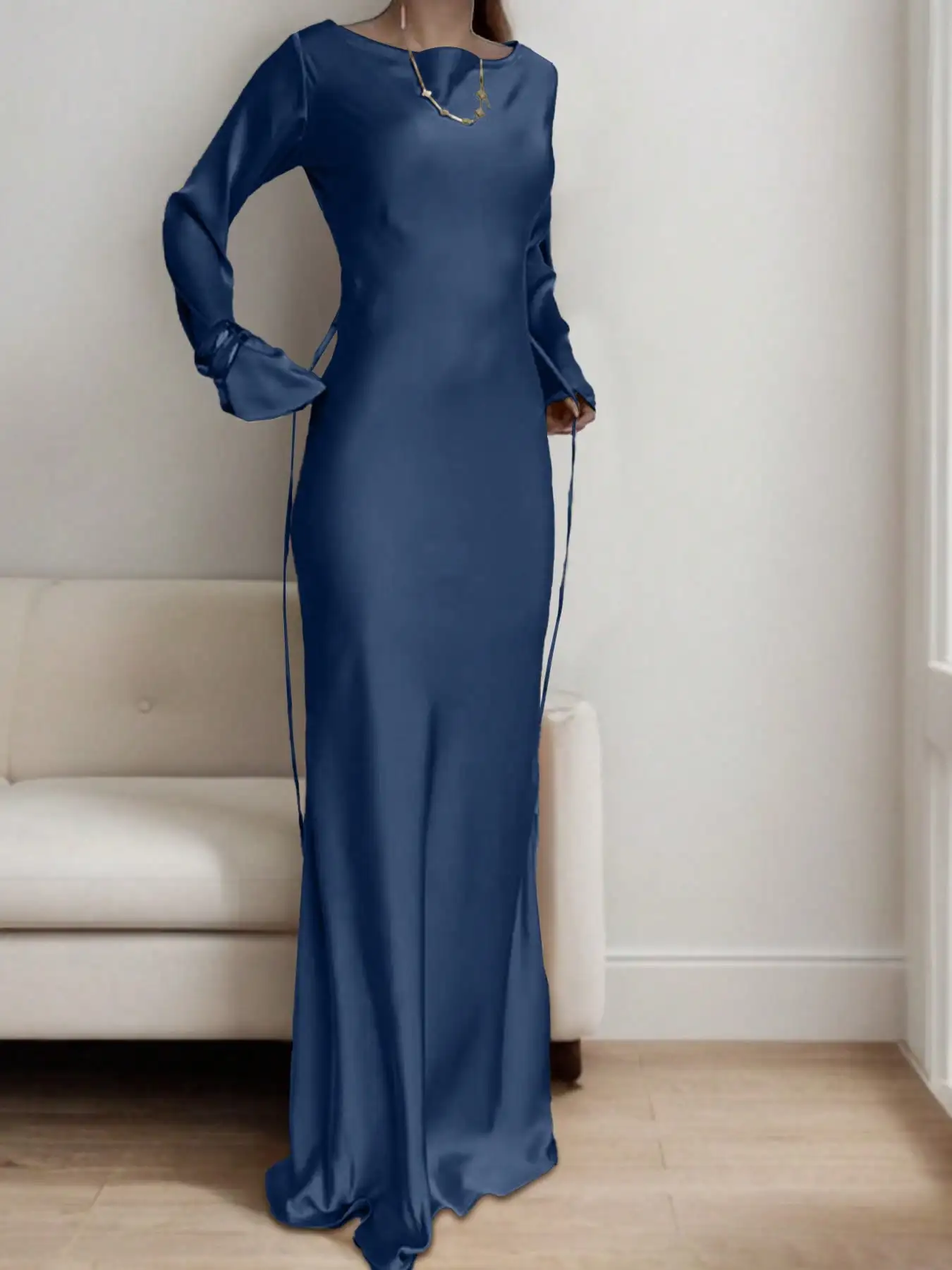 BWQ Robe longue en satin sur mesure pour femme avec cravate à la taille corset Col rond classique et manches évasées dramatiques Robe de soirée de luxe