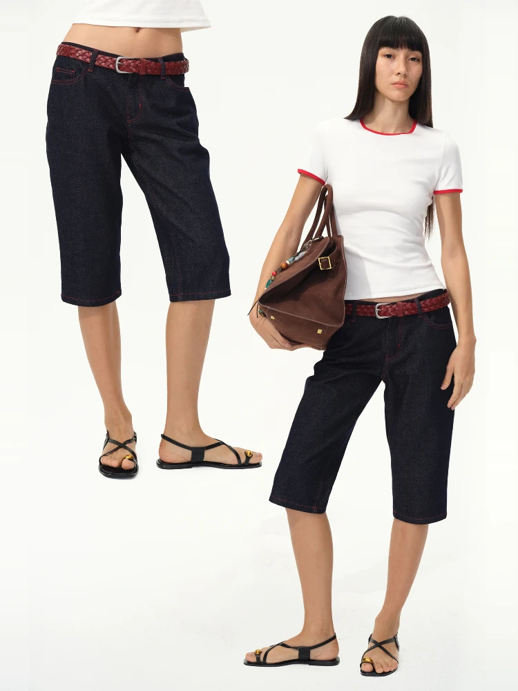 

Ретро джинсы-капри в стиле 90-х с красными ушками, оригинальные, для верховой езды, универсальные, с красной строчкой, летние, с завышенной талией, из денима