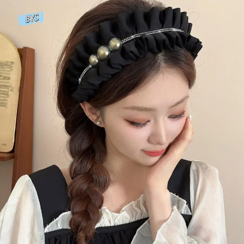 

Модная тканевая черная повязка для волос с широким цветком, женский обруч для волос со стразами, утолщенная повязка на голову с морщинами, похорон