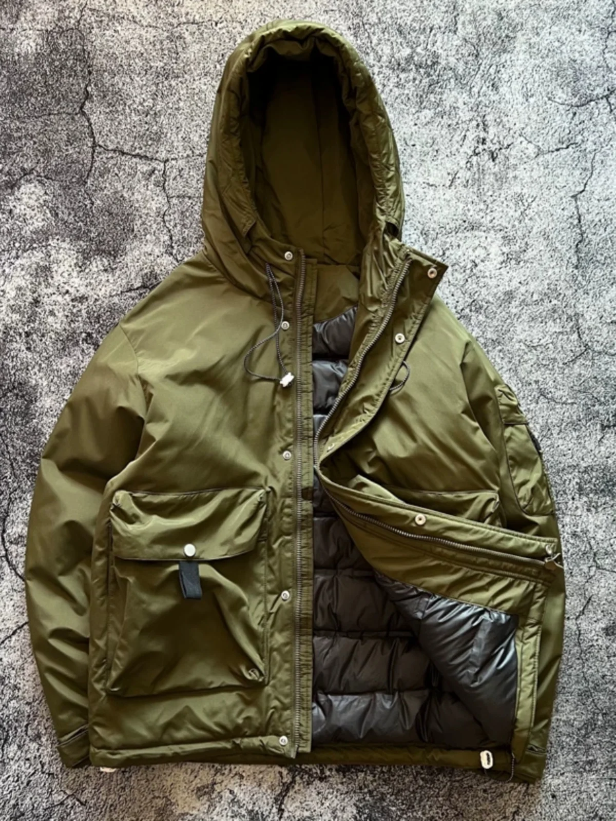 

Retro Japanese Sle Waterproof Large ket Hooded Thiened Du down Jaet Pure Color Youth Faion Workwear Outerwear