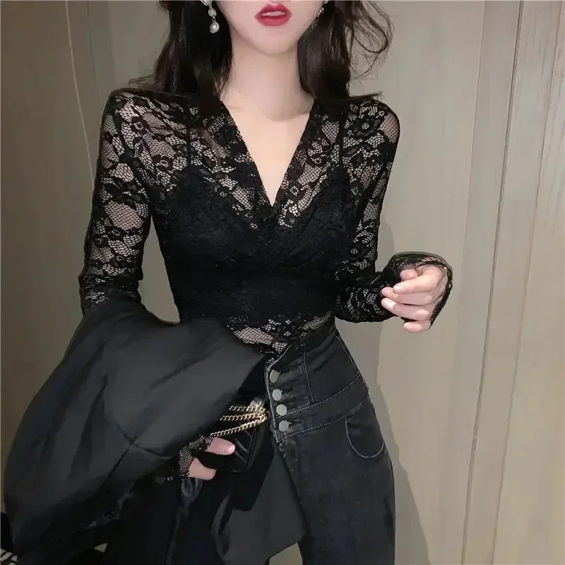 

Sexy Gauze Blouse Women Clothing 2026 Blusas Muuer De Moda Long Sleeve Tunic Lace Hollow Out Crop Tops See Throught Y2k Shirts