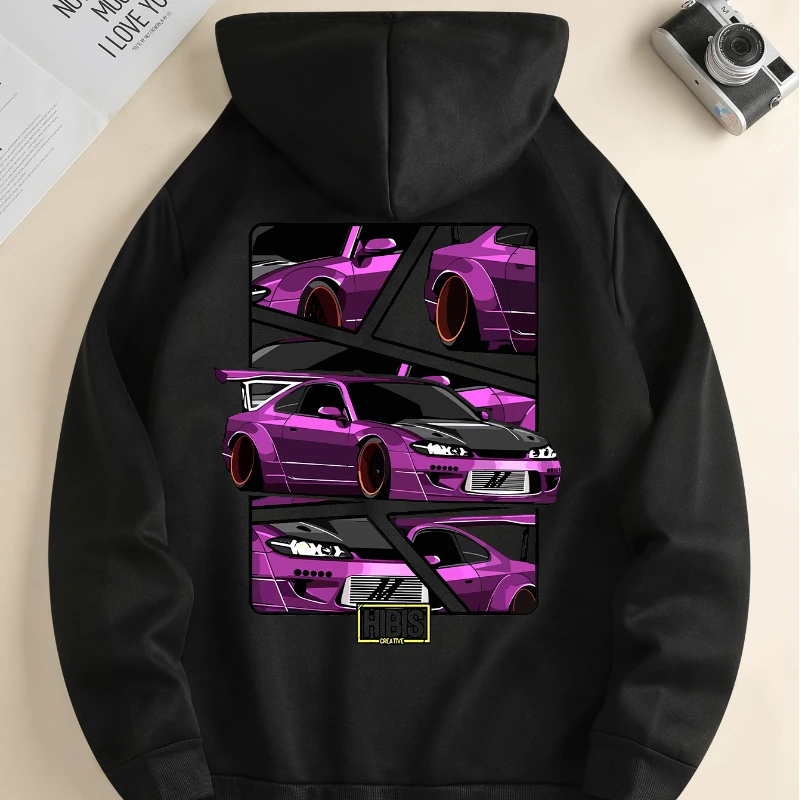 Men's new fashion hoodie, casual daily drawstring hooded sweatshirt car print, front kangaroo pocket, men's jacket