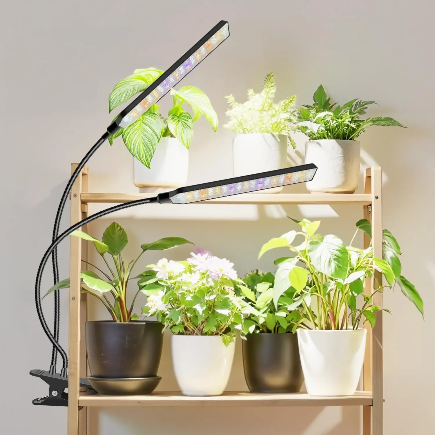 

Светодиодная лампа для растений с двумя головками, полный спектр, с таймером и регулировкой яркости, для комнатных растений, черная, на гибкой ножке с зажимом