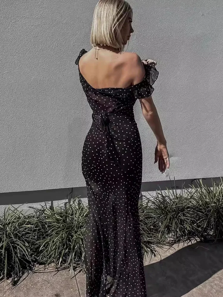 블라 폴카 도트 브라이드메이드 드레스 러플 밸 슬리밍 롱 스트랩 리포메이션 드레스 프렌치 스타일 봄 여름