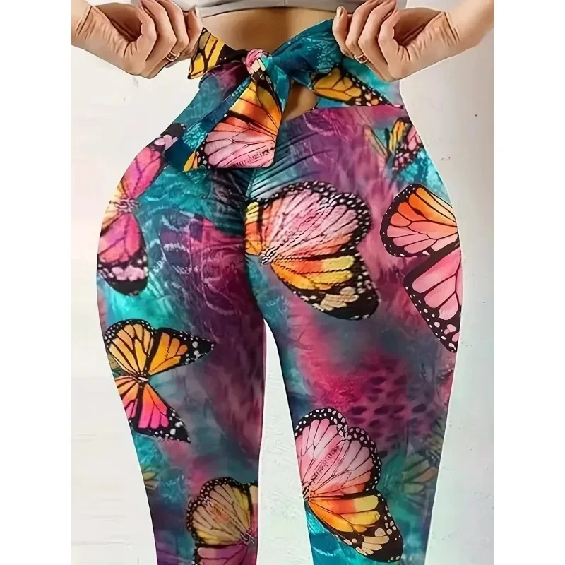 Letnie legginsy damskie plus size nadruk z motylem z tyłu talia casual fitness joga legginsy z wysokim stanem