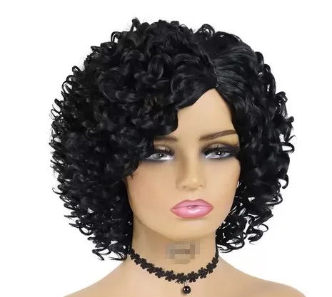 Peluca Afro rizada para mujer, pelucas sintéticas resistentes al calor de color marrón oscuro con flequillo lateral, aspecto Natural, hinchable, uso diario en disfraces de fiesta