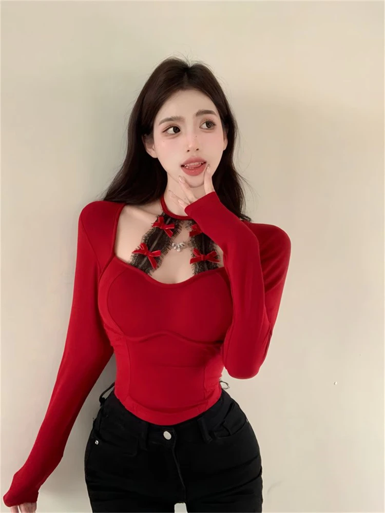 

Square Collar Long Sleeved Sexy T-shirt Women's Long Sleeve Pullover Shirt Female Christmas Spirit Autumn Thin Skinny Tops