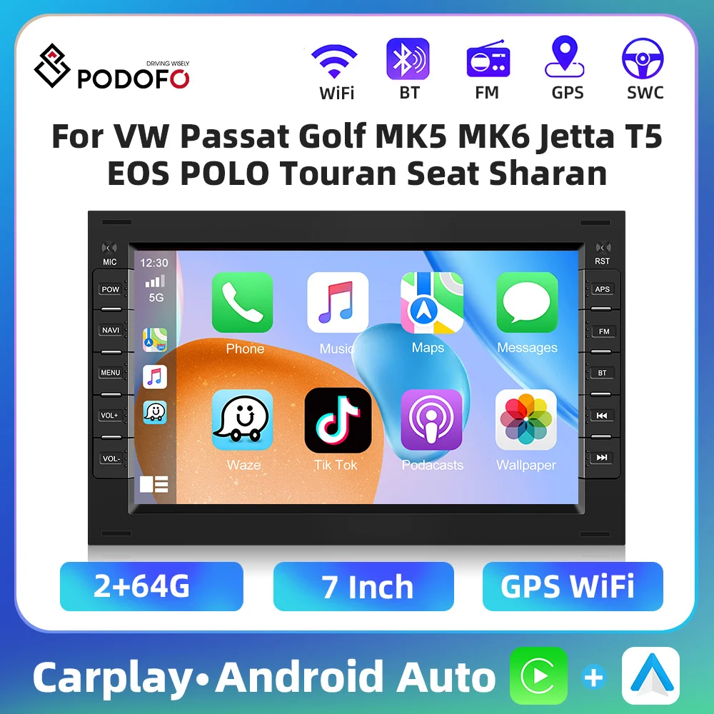 Podofo 2+64G 4Core Car Radio For VW Passat Golf MK5 MK6 Jetta Multimedia Player Carplay Android Auto GPS WIFI 2Din 7'' Car Audio