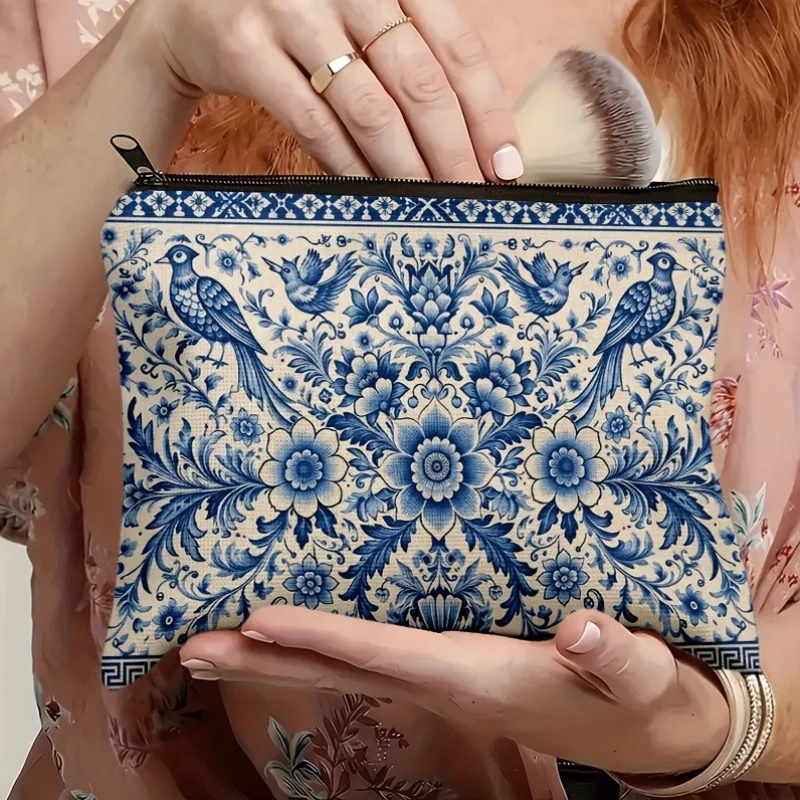 Makeup Bag Premium Retro Style with Zipper Blue and White Floral Bird Pattern Large Capacity Makeup Bagor Teacher's Day