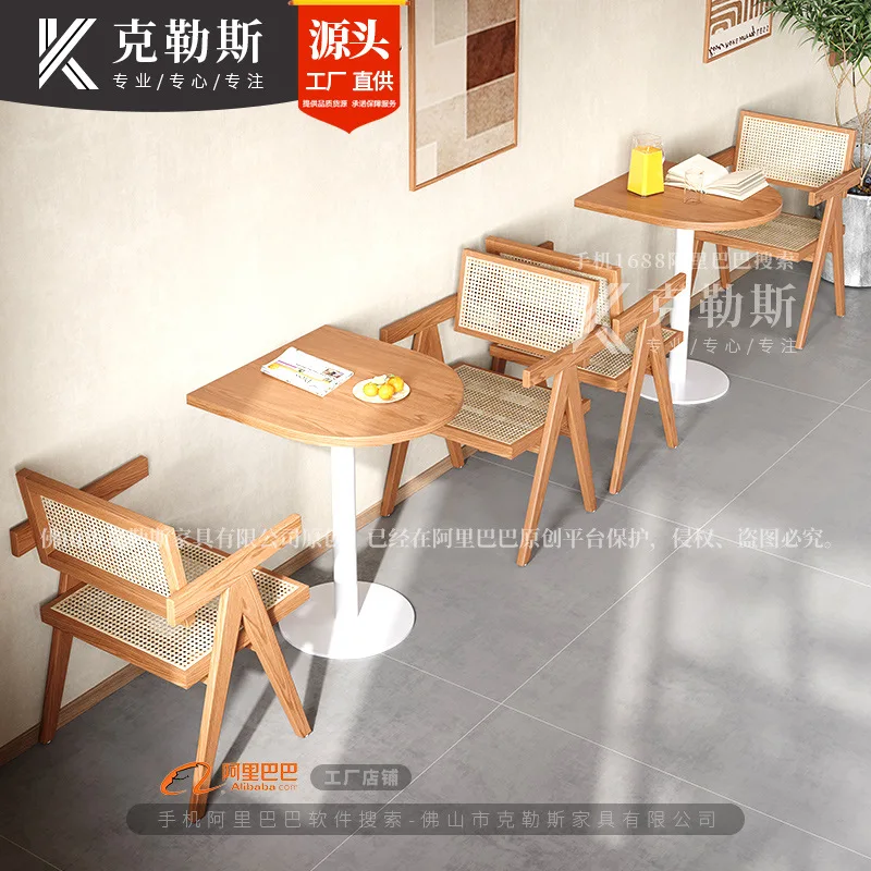 Solid wood milk tea dessert shop table and chair combination coffee house table baking burger shop chair log color square table