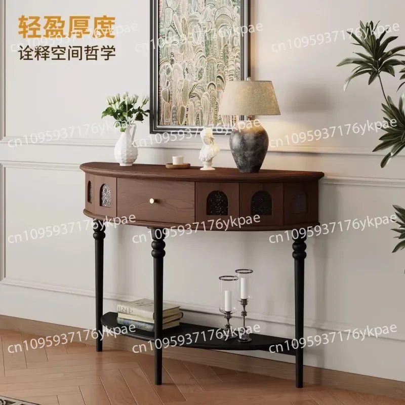 Medieval Solid Wood Porch Table Opposite The Door Table Retro Wind Semicircular Decorative Storage