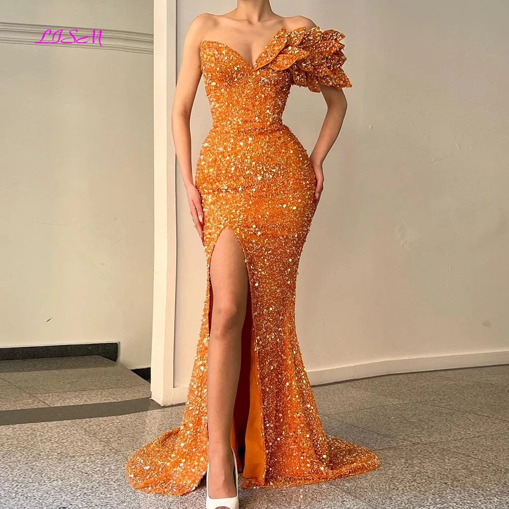 

Sexy Mermaid Evening Dresses Luxury Sparkle Sequins Pageant Dress Side Split Sleeveless Elegant Orange Celebrity Gowns