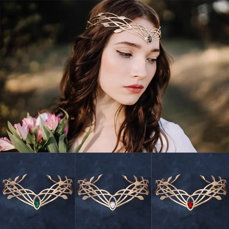 Vintage King round Elves Crown Tiara - Leaf Headband for Women And Men Bridal Hair Accessory Wedding Headwear Gift