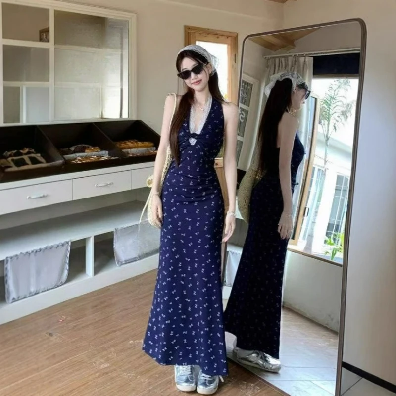 

Pure Desire Spice Girl Backless Floral Neck Dress Women's Summer New Waist and Thin Lace Splicing Hip-wrapped Dress Temperament