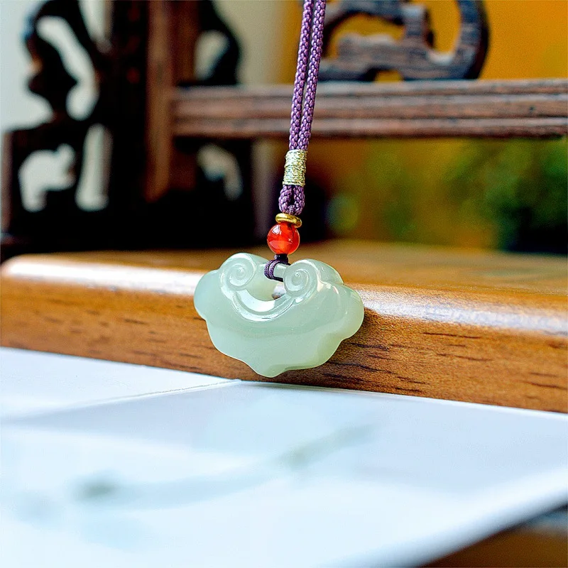 Natural Hetian Jade Wealth And , Auspicious Fortune Lock Pendant With Cloud Motif