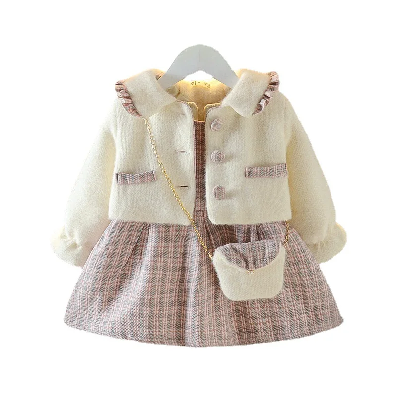 Girls Woolen Clothes Sets Autumn Winter Children Princess Fur Coats Dress 2pcs Costume For Baby Party Suit Kids Outfits 5 Years