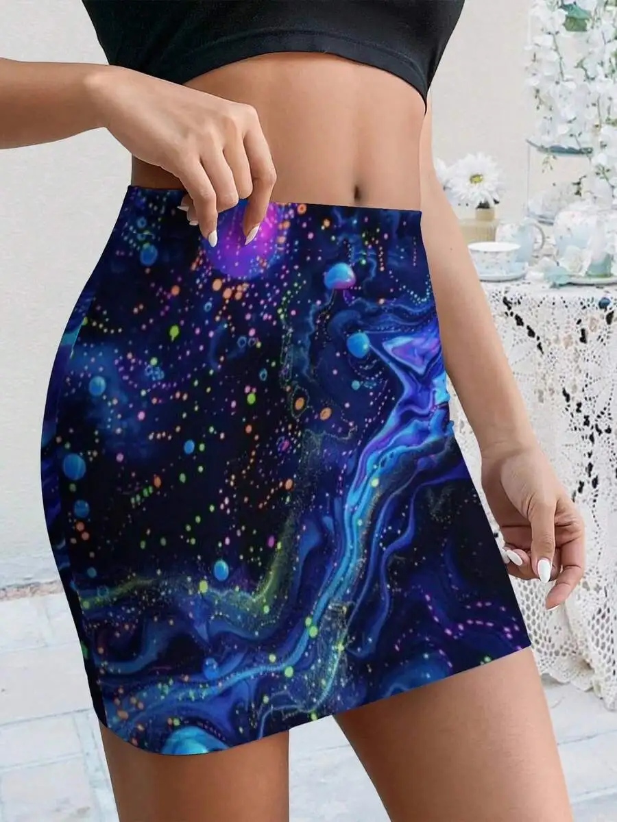 Women Bodycon Mini Skirt Galaxy Print UV Reactive Festival Party Wear