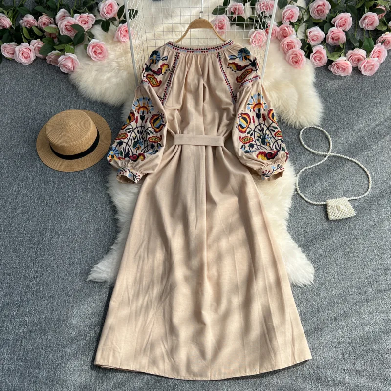ヴィンテージエスニックランタンスリーブ自由奔放に生きる刺繍ドレス 2025 女性春秋 O ネック A ラインミディドレスコットンリネン Vestidos