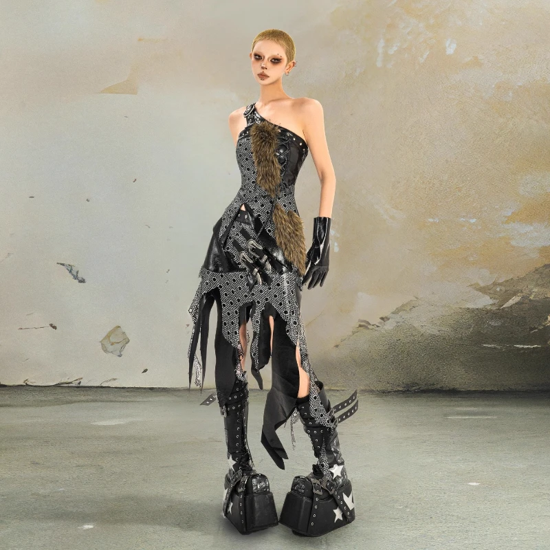 التصميم الأصلي الظلام القوطية روك الملابس النسائية 2025 الخريف جديد الحلو كول الساخن فتاة فريدة من نوعها غير النظامية منتصف طول التنانير السيدات