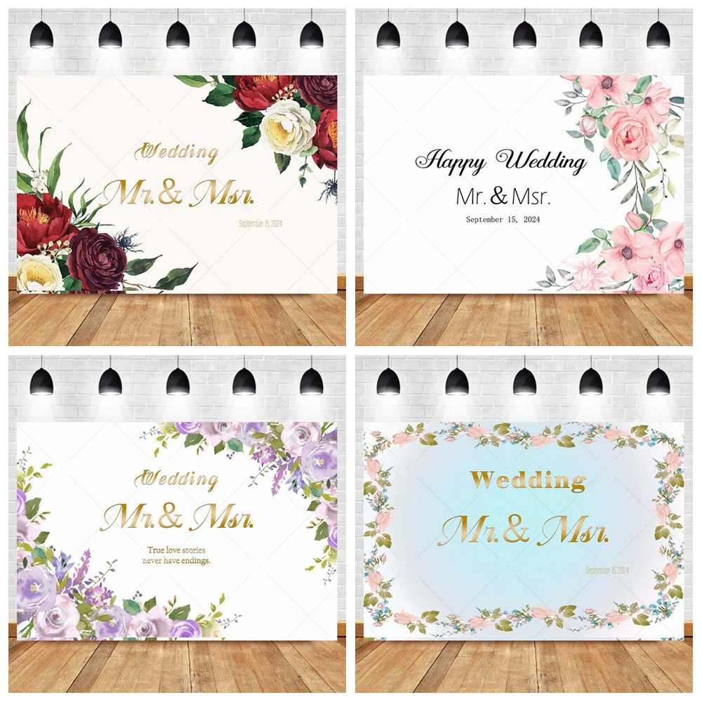 Wedding Scene Party Decor Mr and Mrs Bridal Shower Custom Backdrop Rose Floral Wall Wedding Ceremony Photography Prop