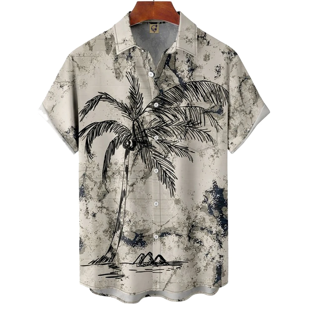 Vintage Hawaiian Men\'s Shirt Slim Light Coconut Tree Print Short Sleeve Top Camisas Fashion Casual Beach Travel Shirts Blouses